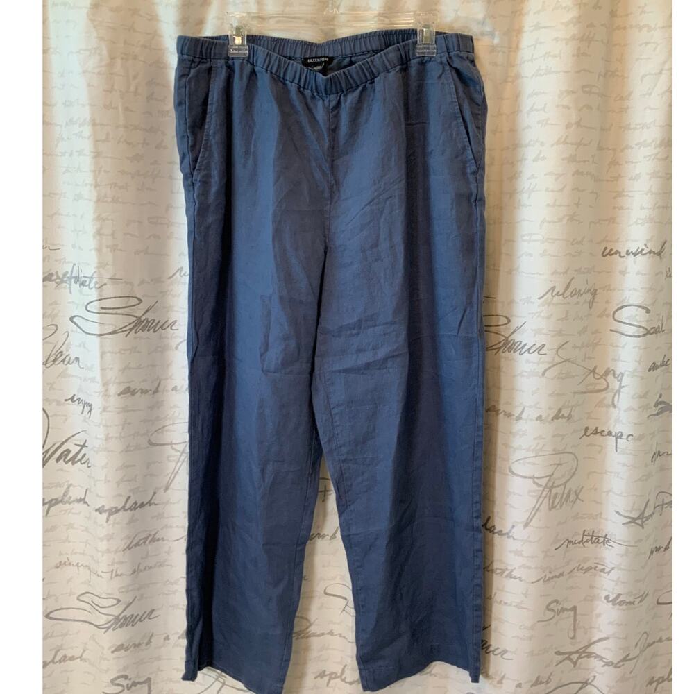 Eileen Fisher Navy Blue Linen Wide Leg Elastic Waist Pants Size Large